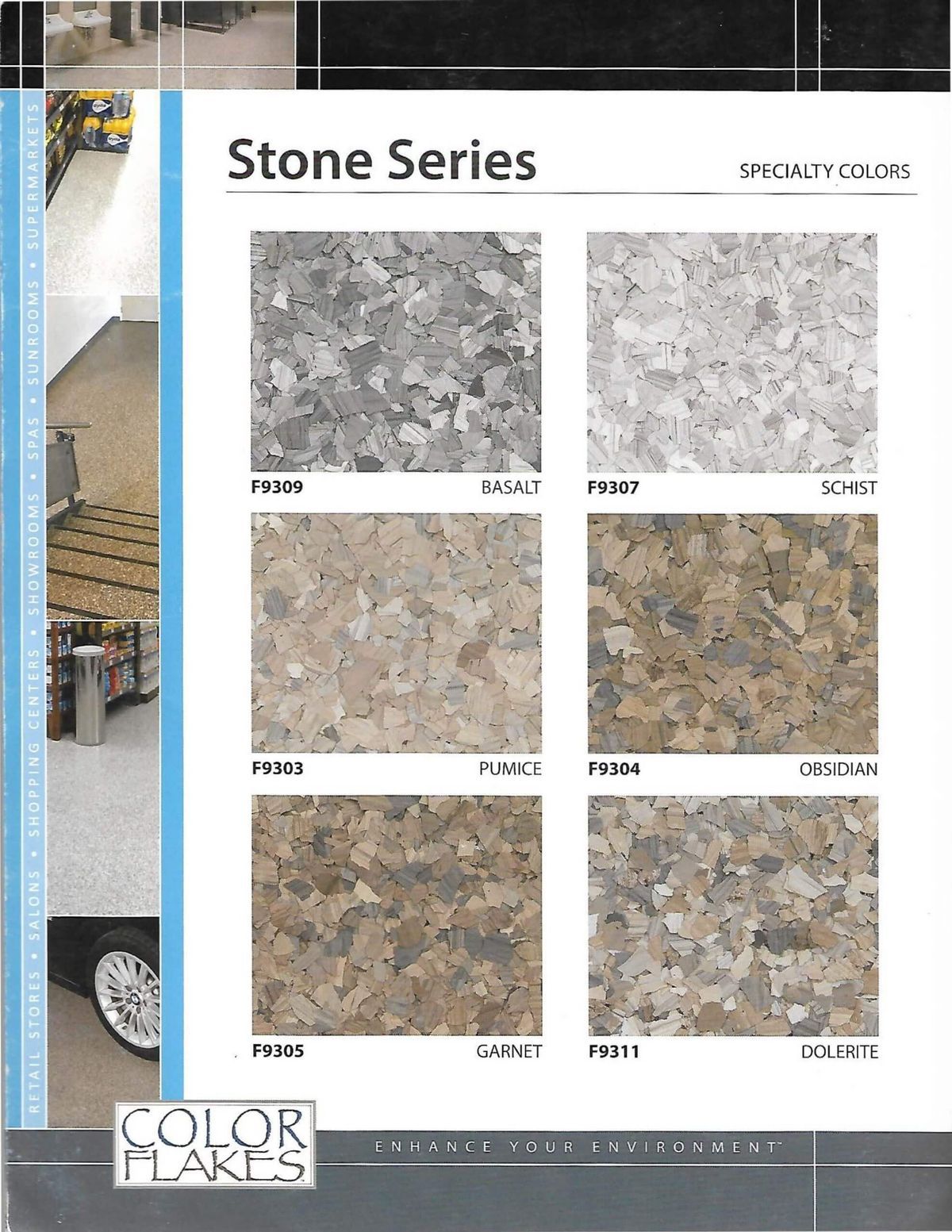 A brochure for stone series color flakes flooring