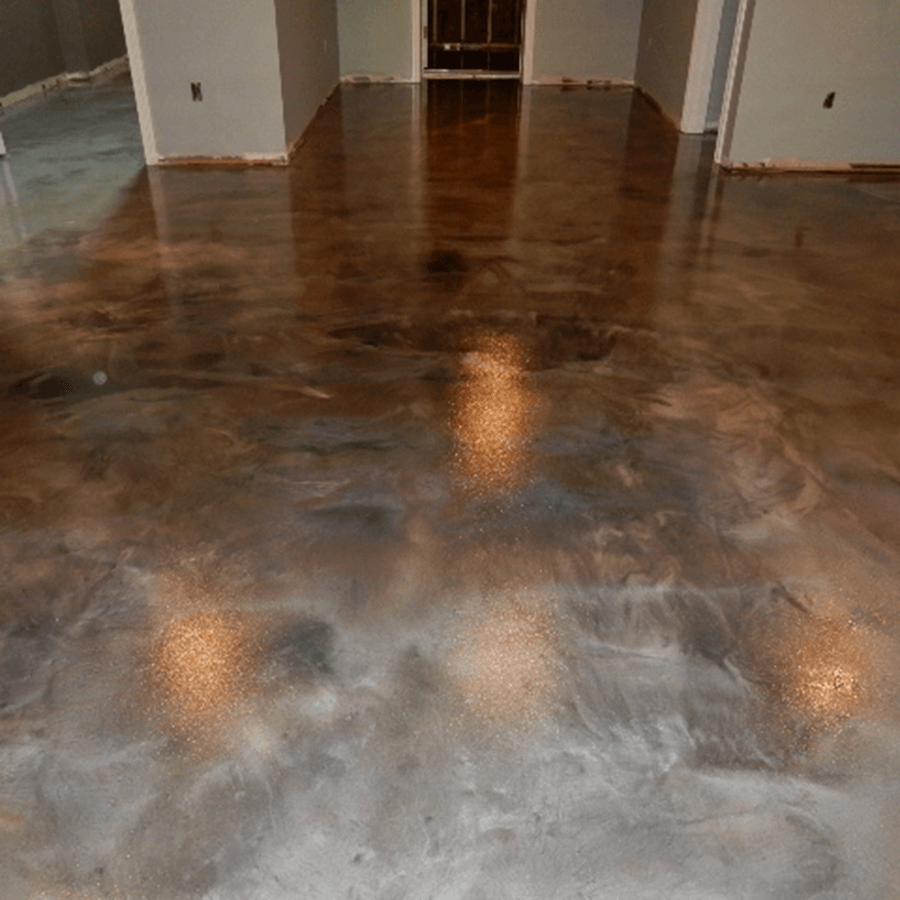 A shiny metallic floor in a room with a wooden floor