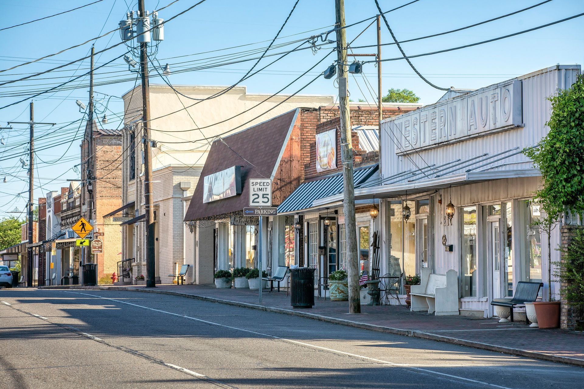 A row of stores along a street in a small town.