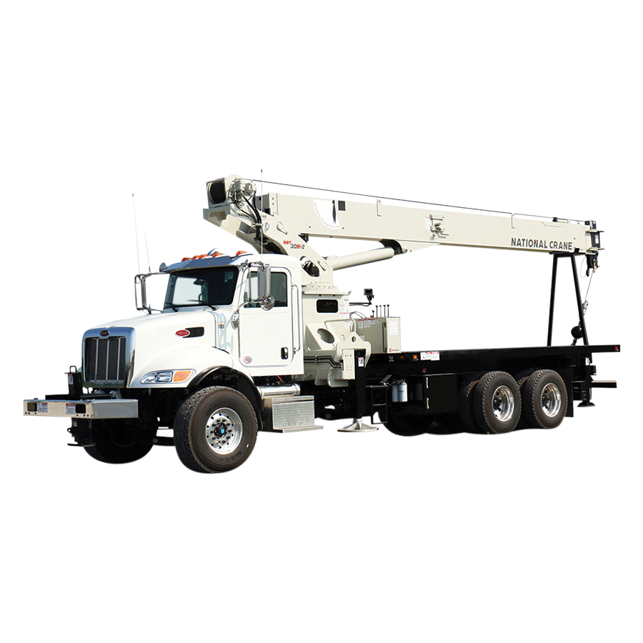 A white truck with a crane attached to the back of it