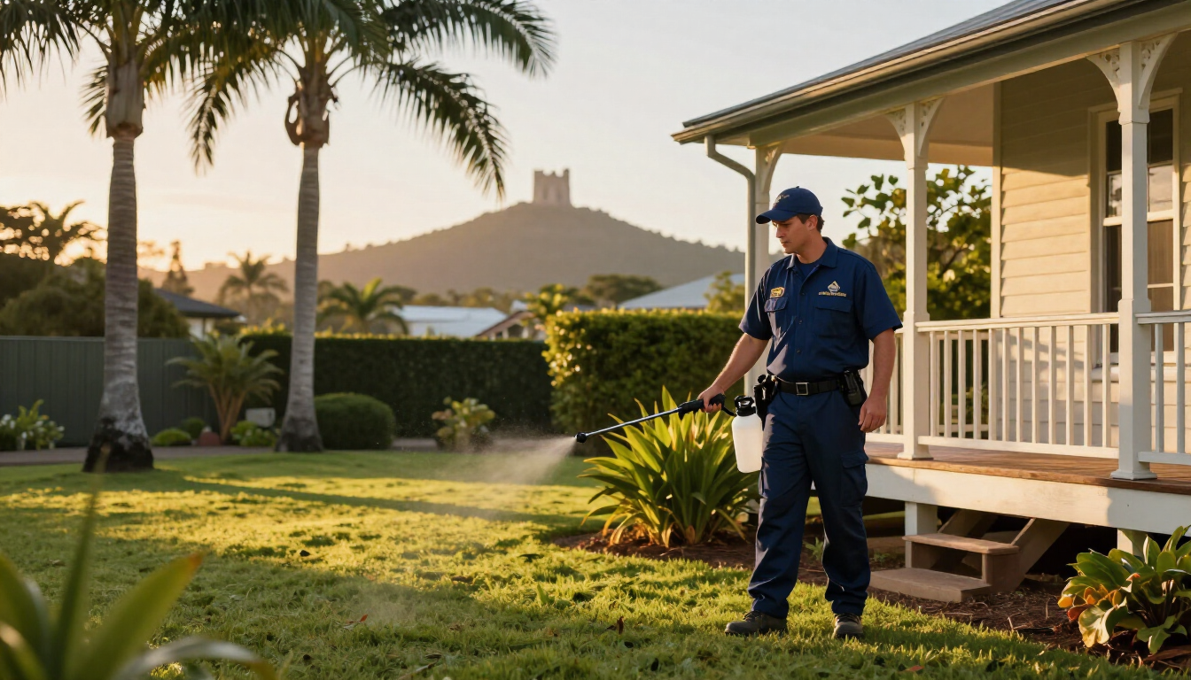 Licensed pest control technician spraying a Queenslander home perimeter in Townsville at sunset