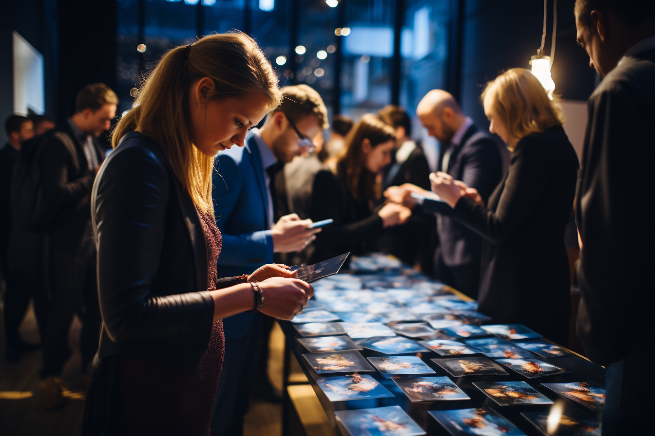 print on site at a A professional photographer captures the essence of a bustling London event, with crowds mingling, speakers on stage, and iconic landmarks in the background, showcasing the vibrant atmosphere and memorable moments of the occasion.