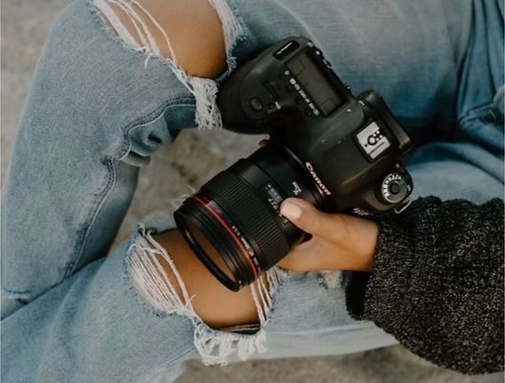 Hand holding a DSLR camera, resting on ripped jeans; gray background.