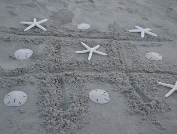 Tic-tac-toe game drawn in sand, using sand dollars and starfish as game pieces on a beach.