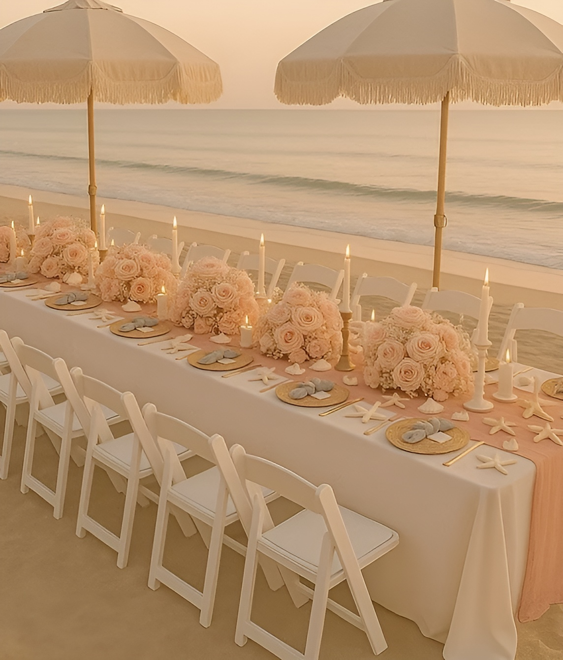 Beachfront wedding reception table set with white and green florals, parasols, and tied-back chairs.