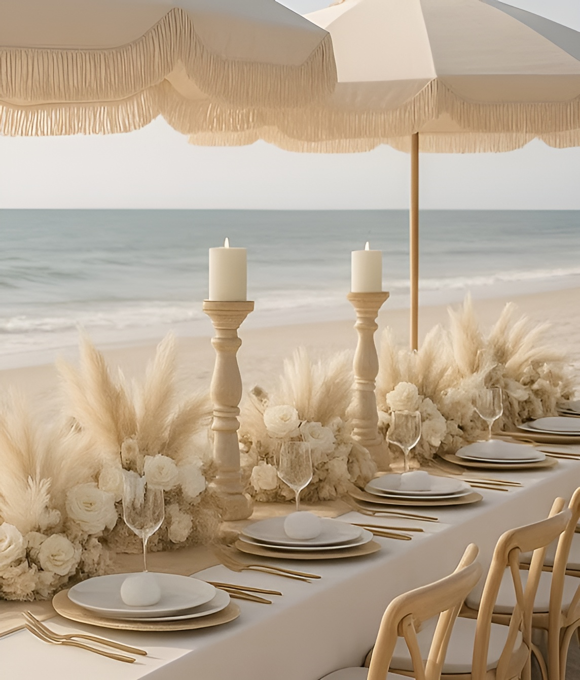 Beachside wedding reception with long table, blush florals, white chairs, and umbrellas.