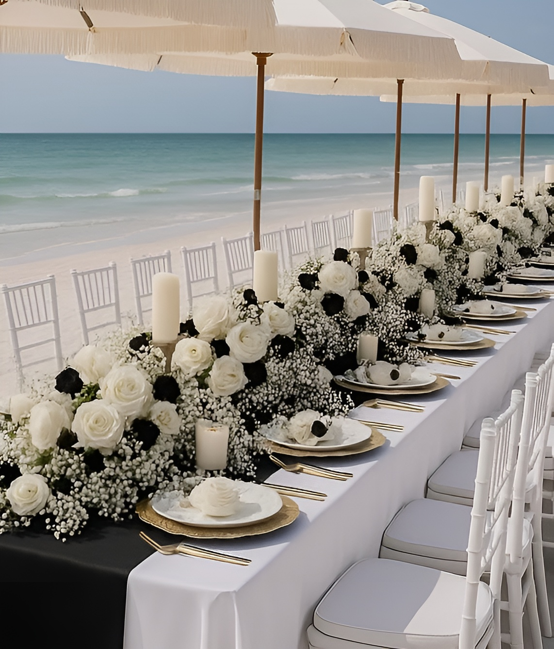 Beachside reception table set for a wedding, black and white floral arrangements.