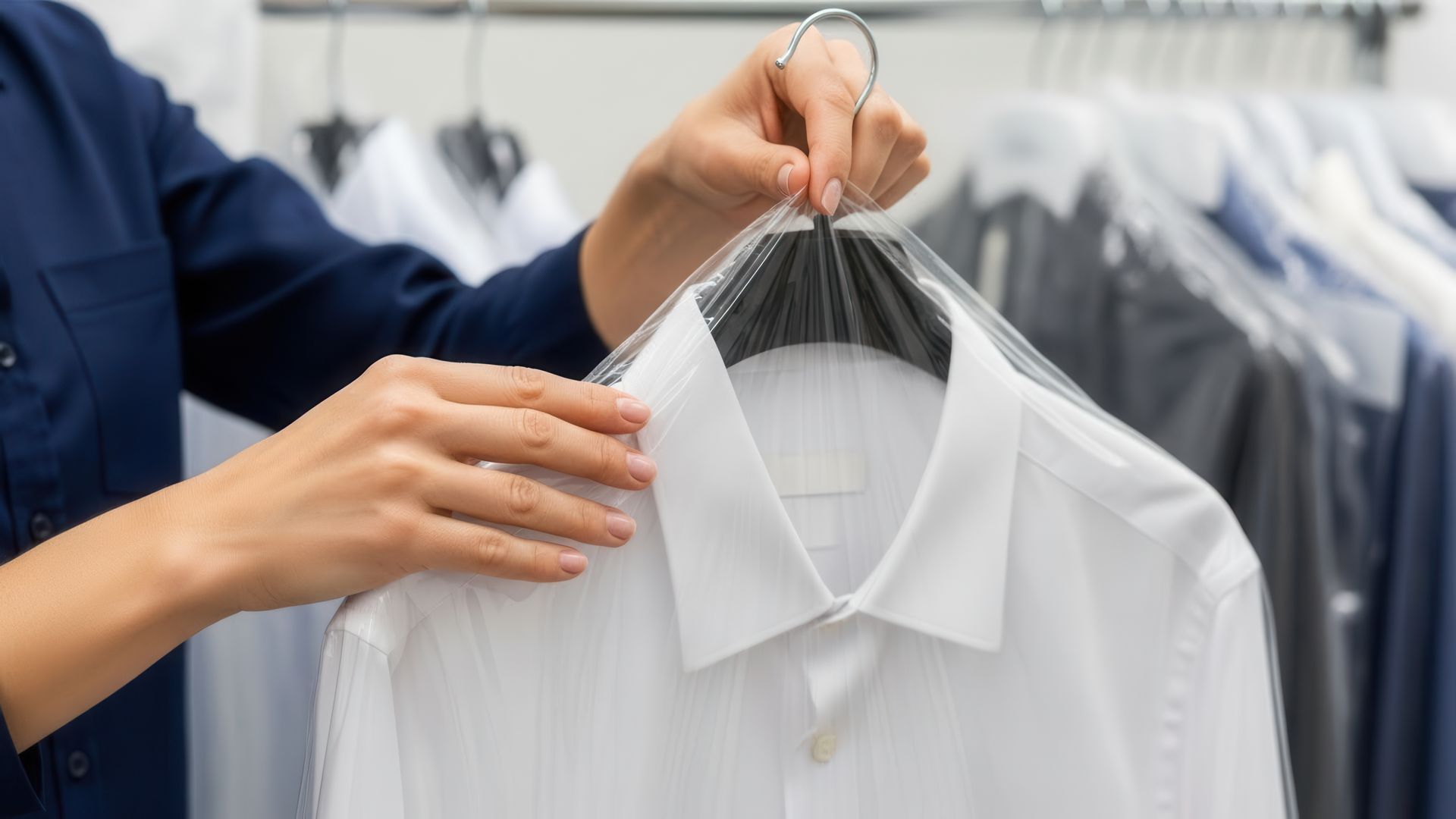 Dry cleaning pick up and delivery service featuring a professional crisp white shirt in plastic