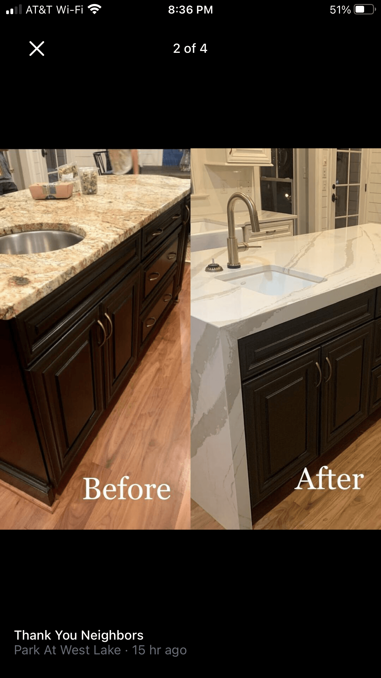 A before and after picture of a kitchen with marble counter tops and black cabinets.