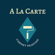 A logo for a cabinet painting company with a paint roller in a diamond.