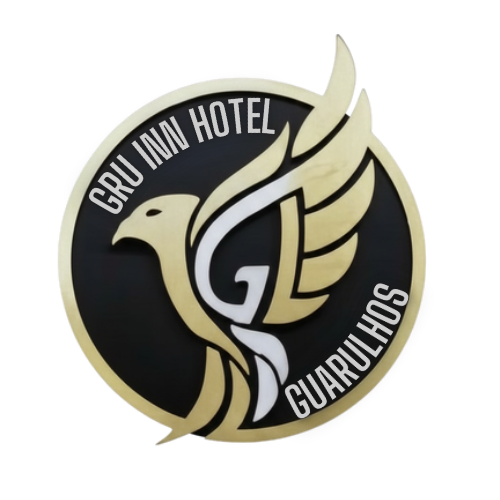 Logotipo do hotel: emblema circular dourado e preto com um desenho estilizado de um pássaro