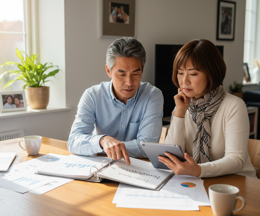 Two people reviewing documents, using a tablet, seated at a table.