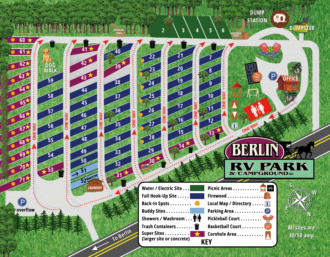 Map of Berlin's RV Park, with numbered campsites, amenities, and key.
