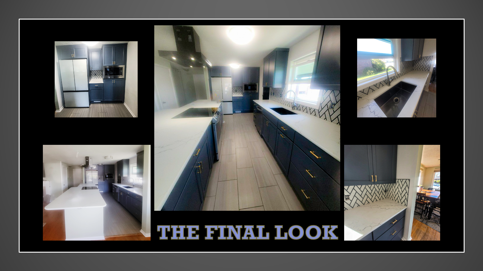 The final look of a kitchen with blue cabinets and white counter tops