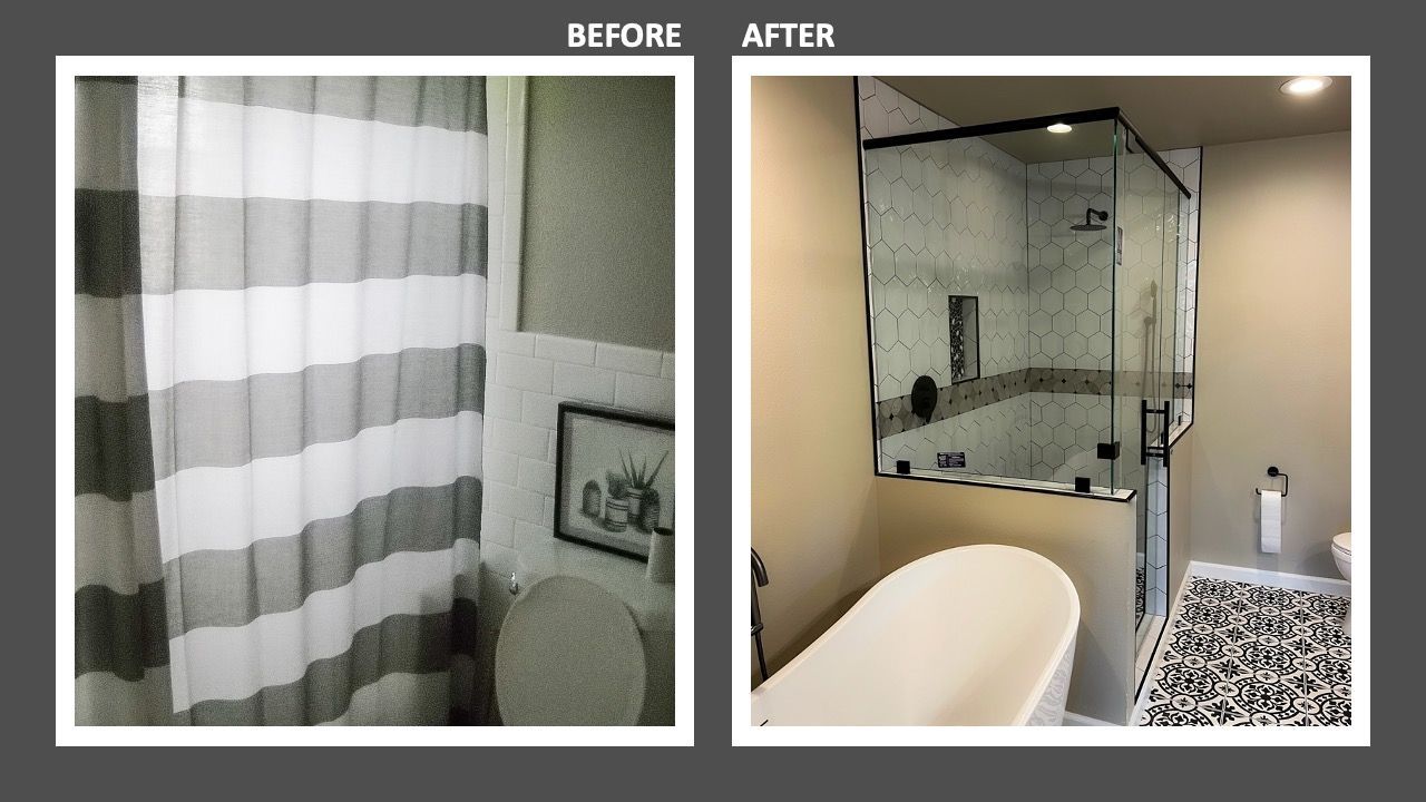 A bathroom remodeling. Adding a bathtub and modern black and white ceramic