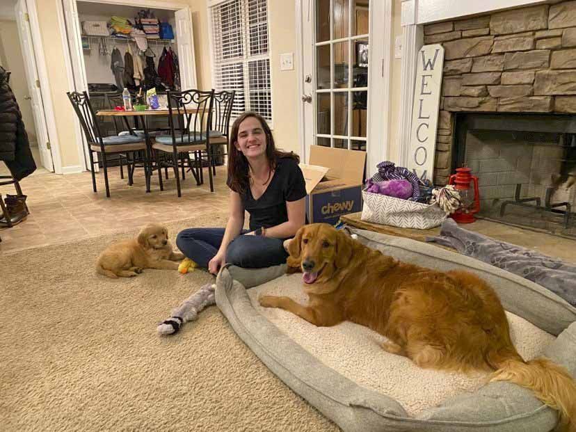 A woman is sitting on the floor next to two dogs in a living room.