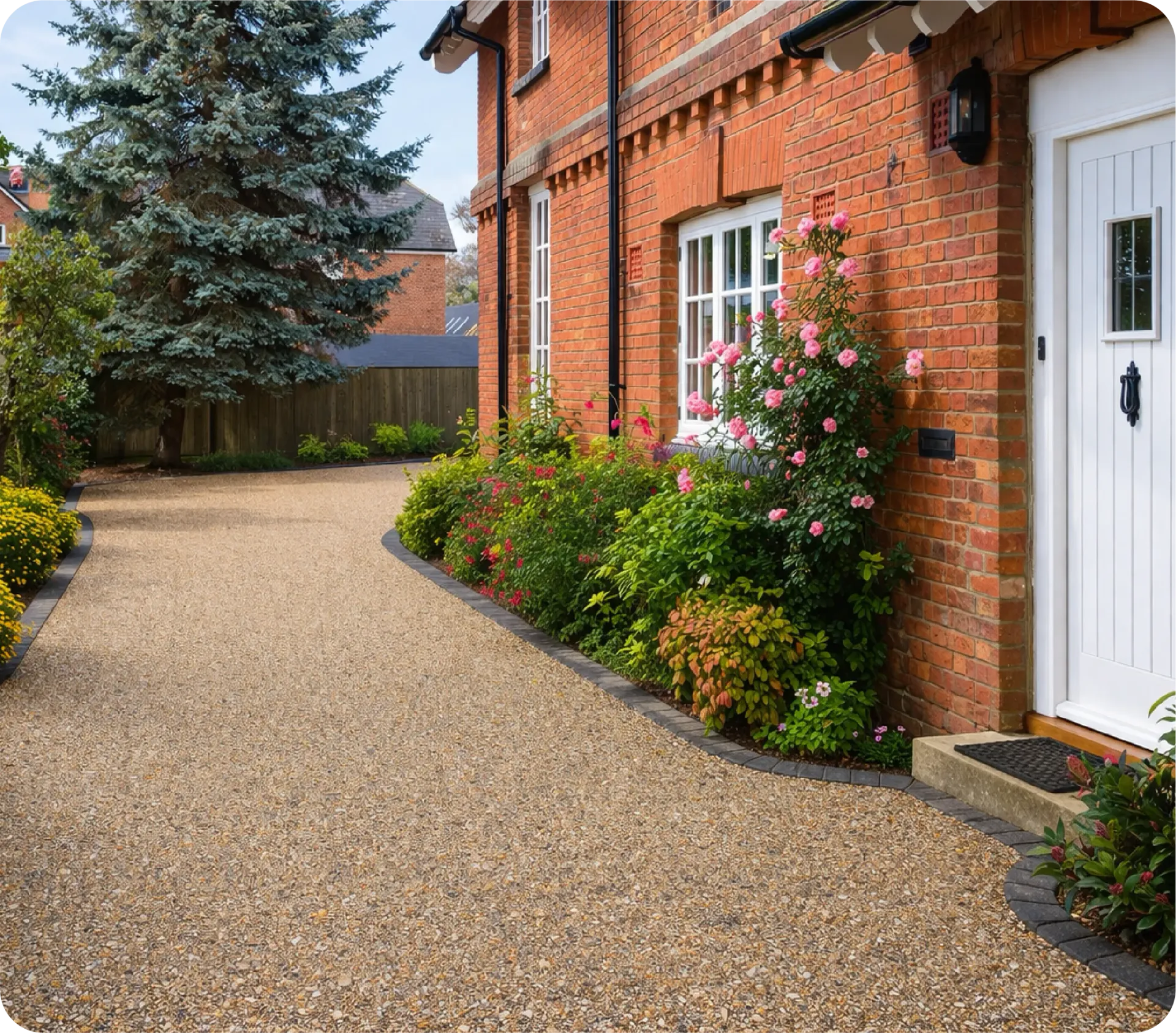 A gravel driveway leads to the red brick entrance of a house, featuring a white door and a lush garden border.