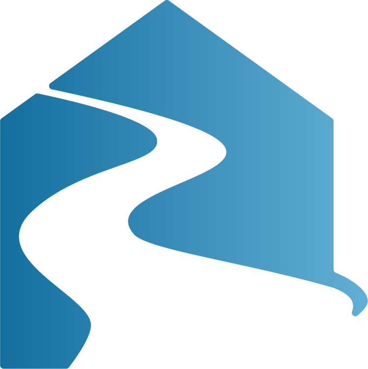 A blue house icon split by a white, S-shaped path or river flowing from the top left to the bottom right.