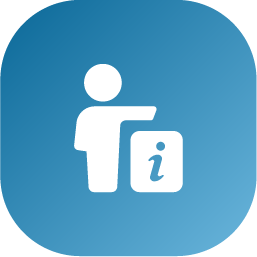 An icon on a blue gradient background showing a person holding a rectangular sign with an information 