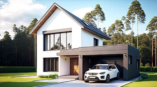 Modern two-story house with white exterior, attached garage, and a car in the driveway, set against a forest.