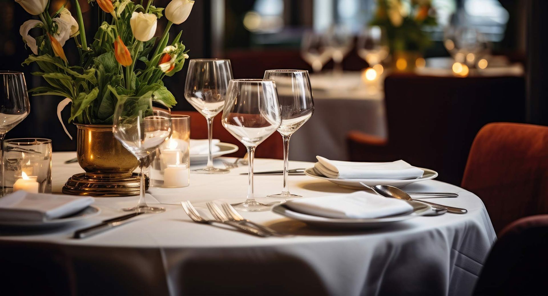 Elegant restaurant table set for dining, with glassware, silverware, white tablecloth, floral centerpiece, and candles.