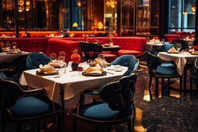 Elegant restaurant interior with blue and red seating, white tablecloths, and prepared tables.