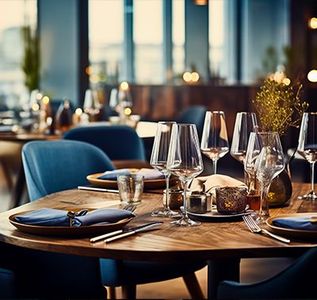 A wooden table set for dinner at a restaurant, with teal chairs and wine glasses.