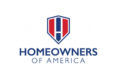 Homeowners of America logo: Blue shield with red and blue stripes and the letter 