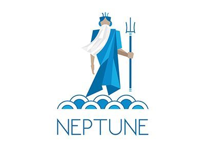 Geometric Neptune figure in blue with trident, above stylized waves, 