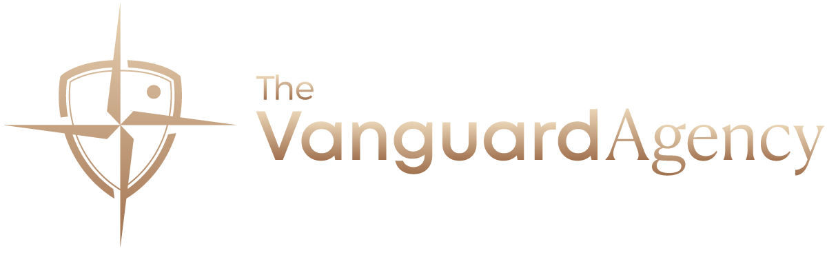 Logo for The Vanguard Agency. White text on a white background, within a white rectangle.