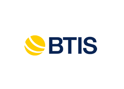 BTIS logo: Yellow and white sphere graphic to the left of the blue letters 