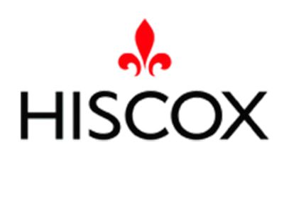 Logo for Hiscox insurance, black text with a red fleur-de-lis symbol above.
