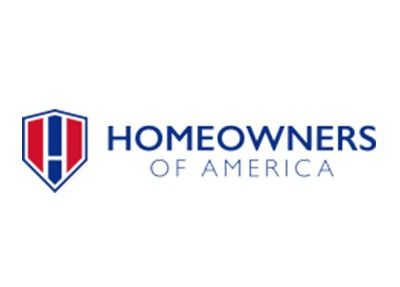 Logo of Homeowners of America; blue and red shield with text 