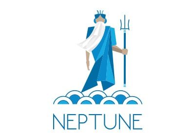 Geometric Neptune holding trident above blue waves, blue and white color scheme.