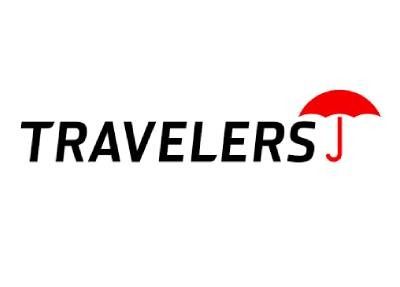Travelers Insurance logo: Black text with a red umbrella.