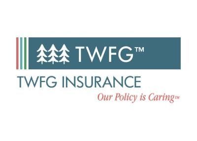 Logo for TWFG Insurance featuring trees and text. Teal and white color scheme. 