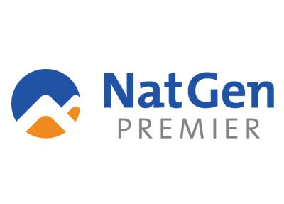 Logo for NatGen Premier with a blue and orange mountain icon next to text.