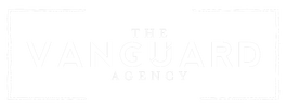 Logo for The Vanguard Agency. White text on a white background, within a white rectangle.