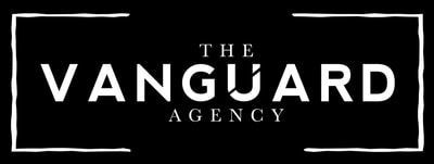 Logo for The Vanguard Agency, white text on black background, contained within a white outlined box.