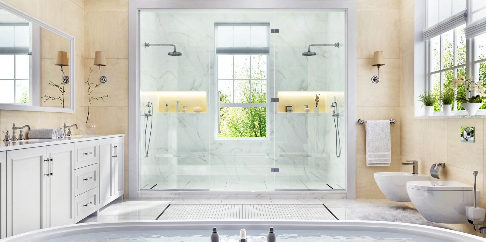 Luxurious bathroom with dual showers, white fixtures, and a large window.