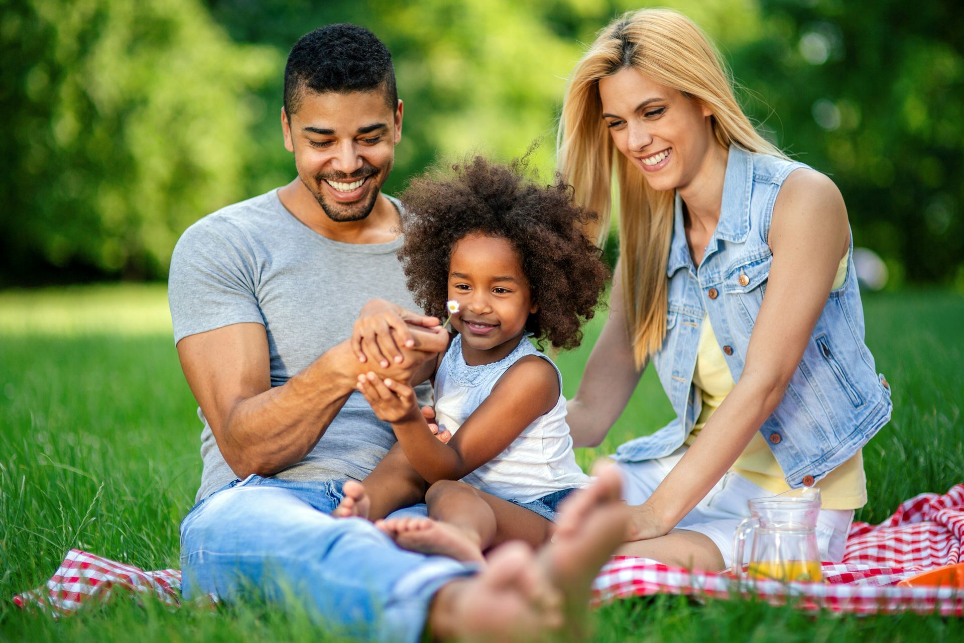A family of four having a picnic at a park.