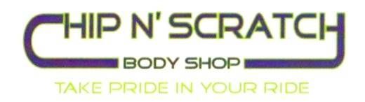 Chip N' Scratch logo: Green text with business name, car, truck, motorcycle, boat, and phone number.
