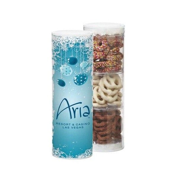 Promotional Aria Resort & Casino snack tower with decorated pretzels.