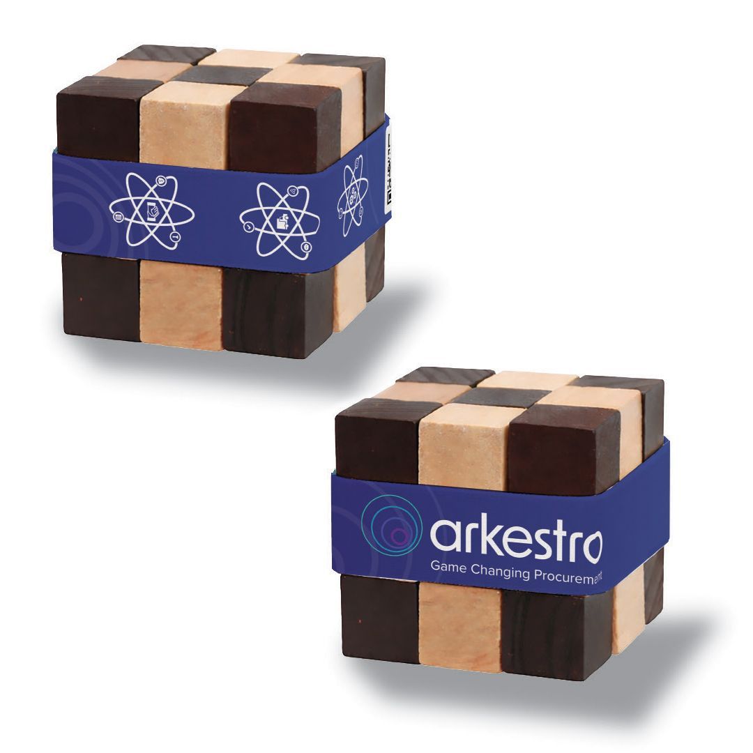 Two checkerboard cubes, each with a purple band bearing a logo.