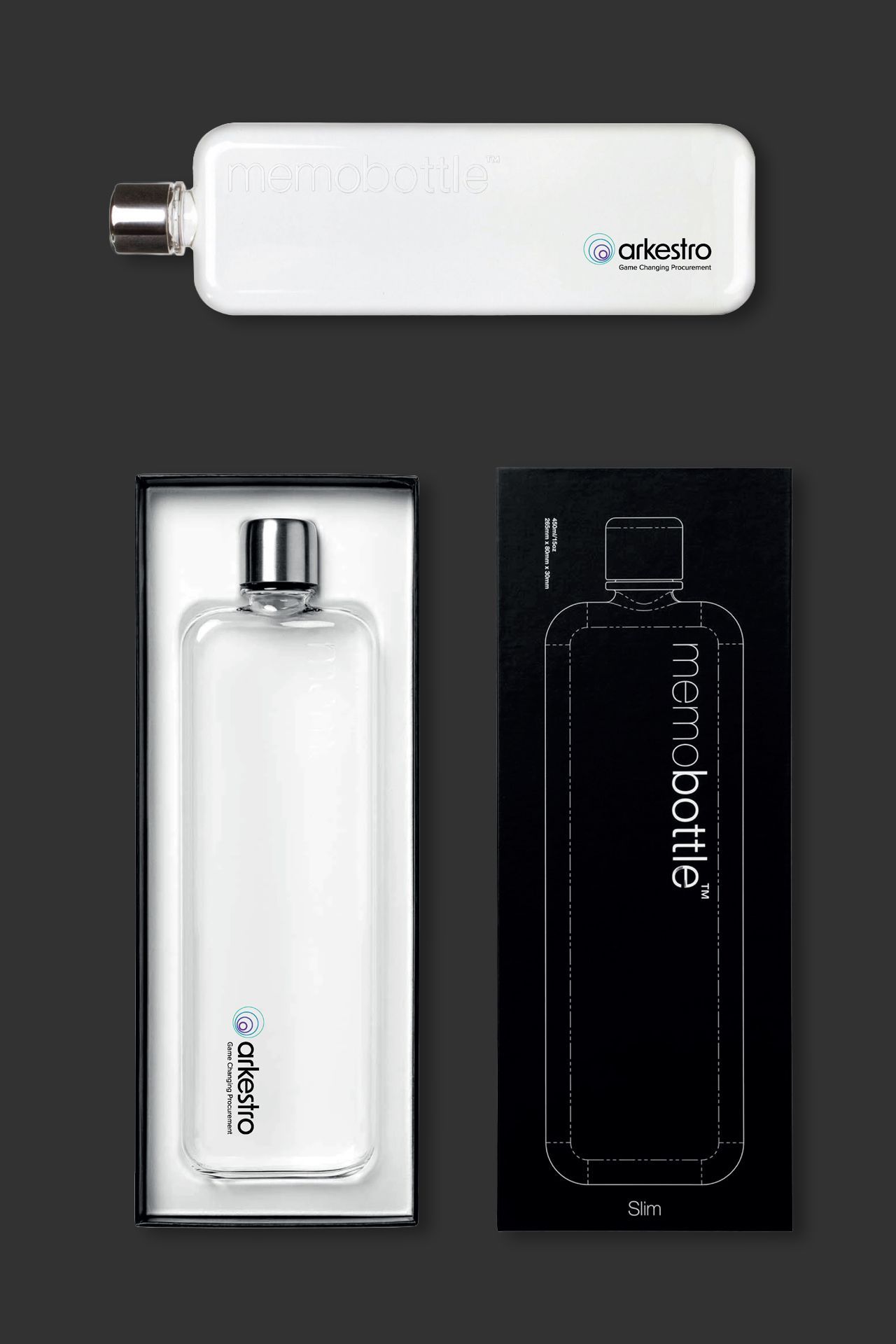 White memo bottle with silver cap, in packaging.
