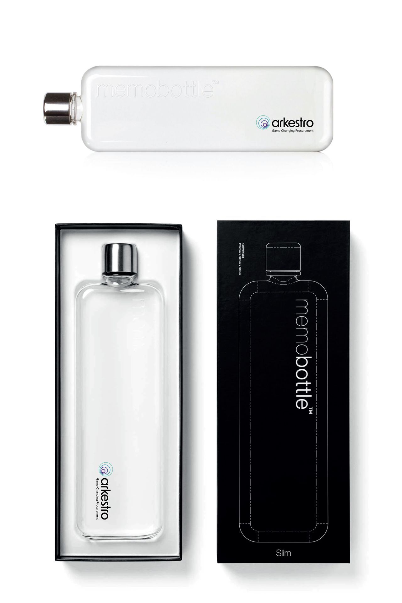 White A5 memobottle, top view and displayed in black box. Bottle, cap, and packaging.