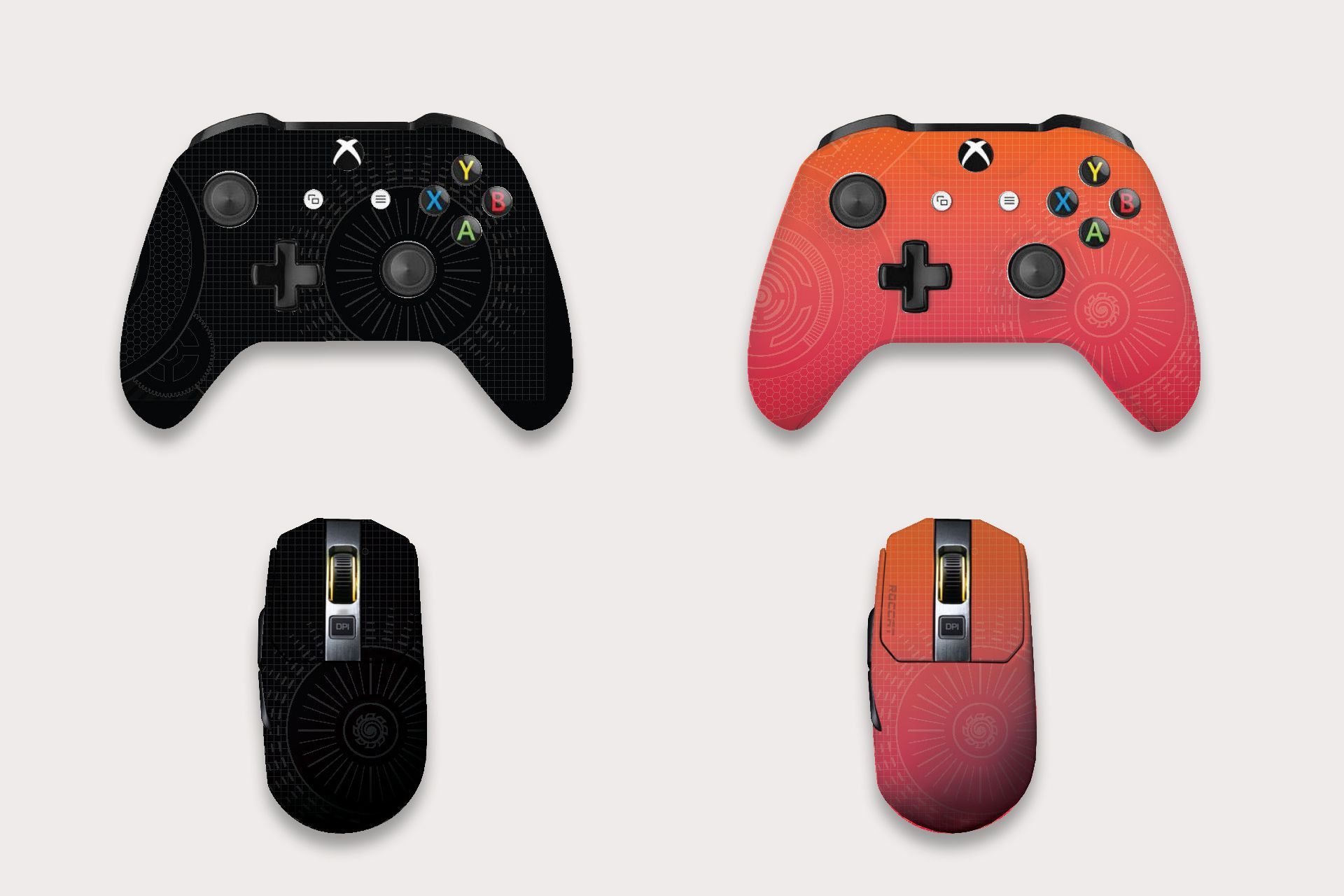 Two Xbox controllers and two computer mice in black and gradient red/orange.