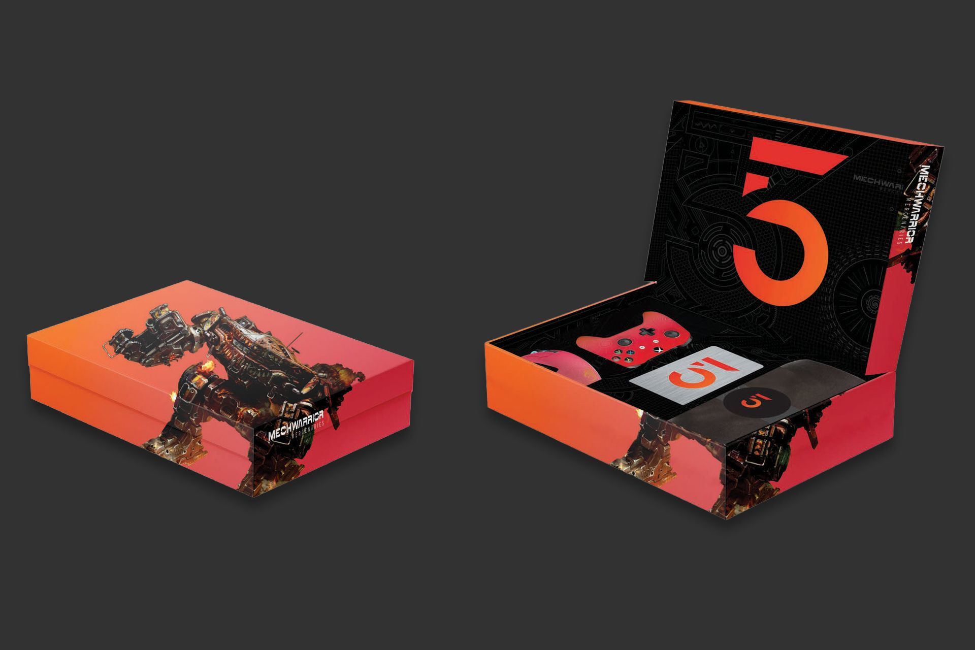 Opened and closed box set with orange, red, and black art design. The opened box reveals a controller and a card.