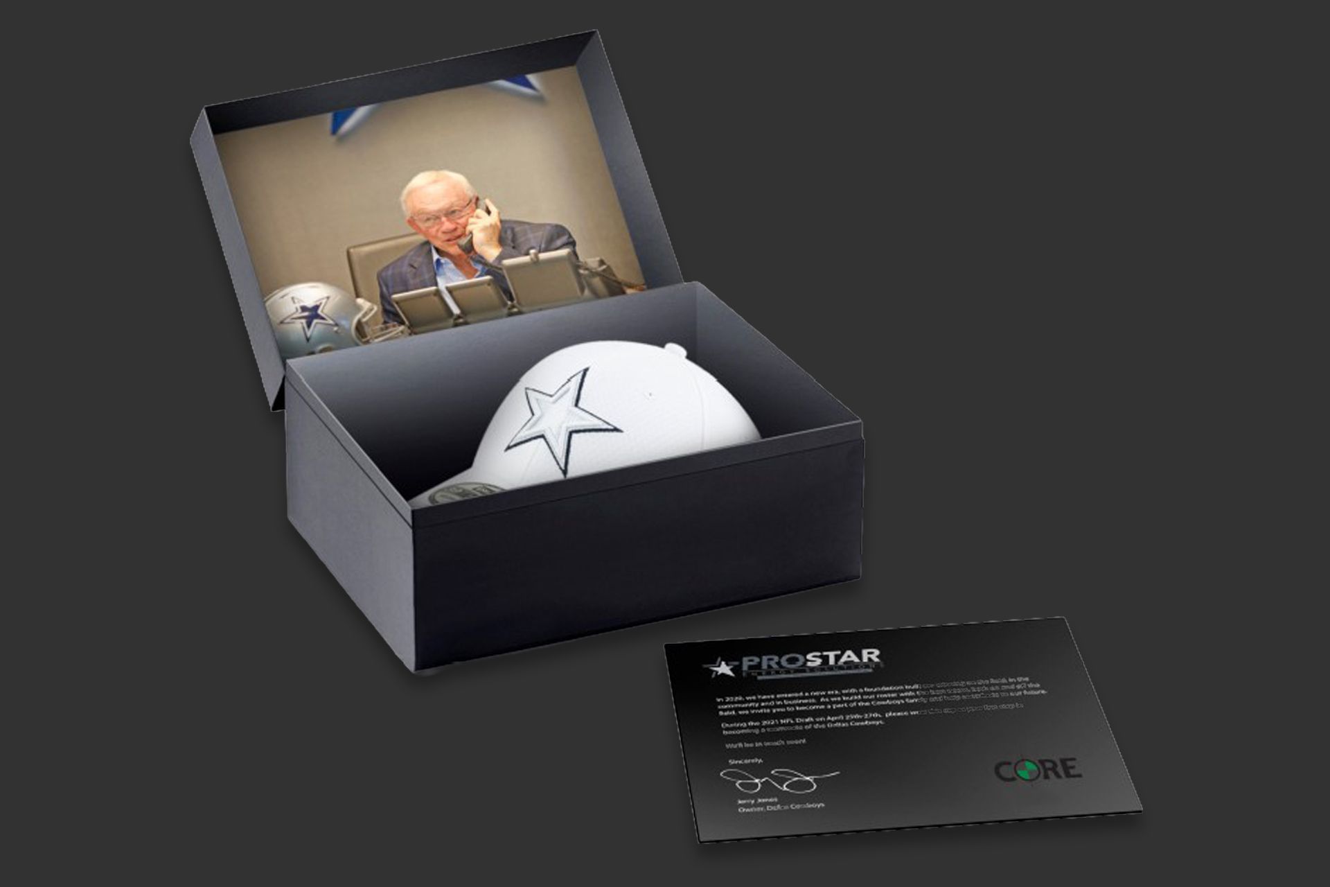 Box with a white hat sporting a star logo and a photo.