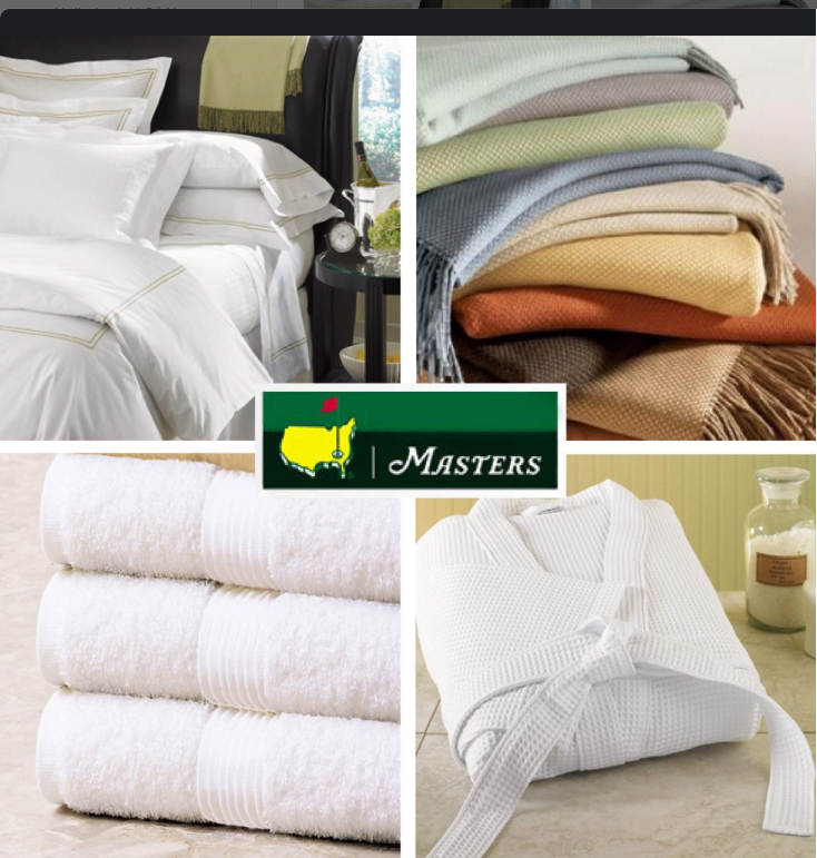 Collage of bedding, blankets, towels, robe, and Masters logo.